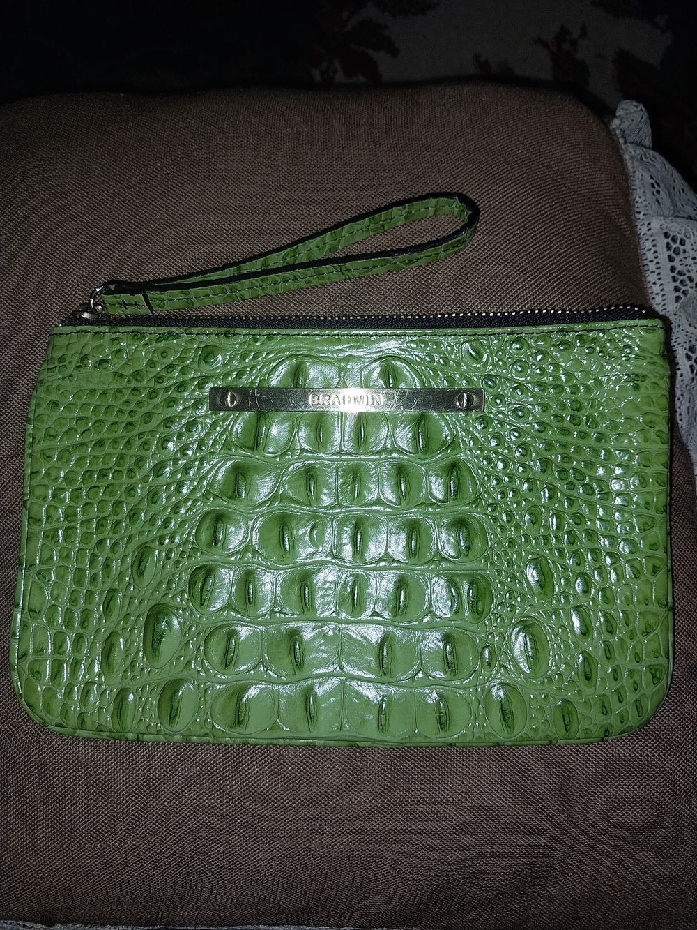 Brahmin Green Croc Embossed Wristlet/ Clutch Gold Hardware Zipper Enclosure